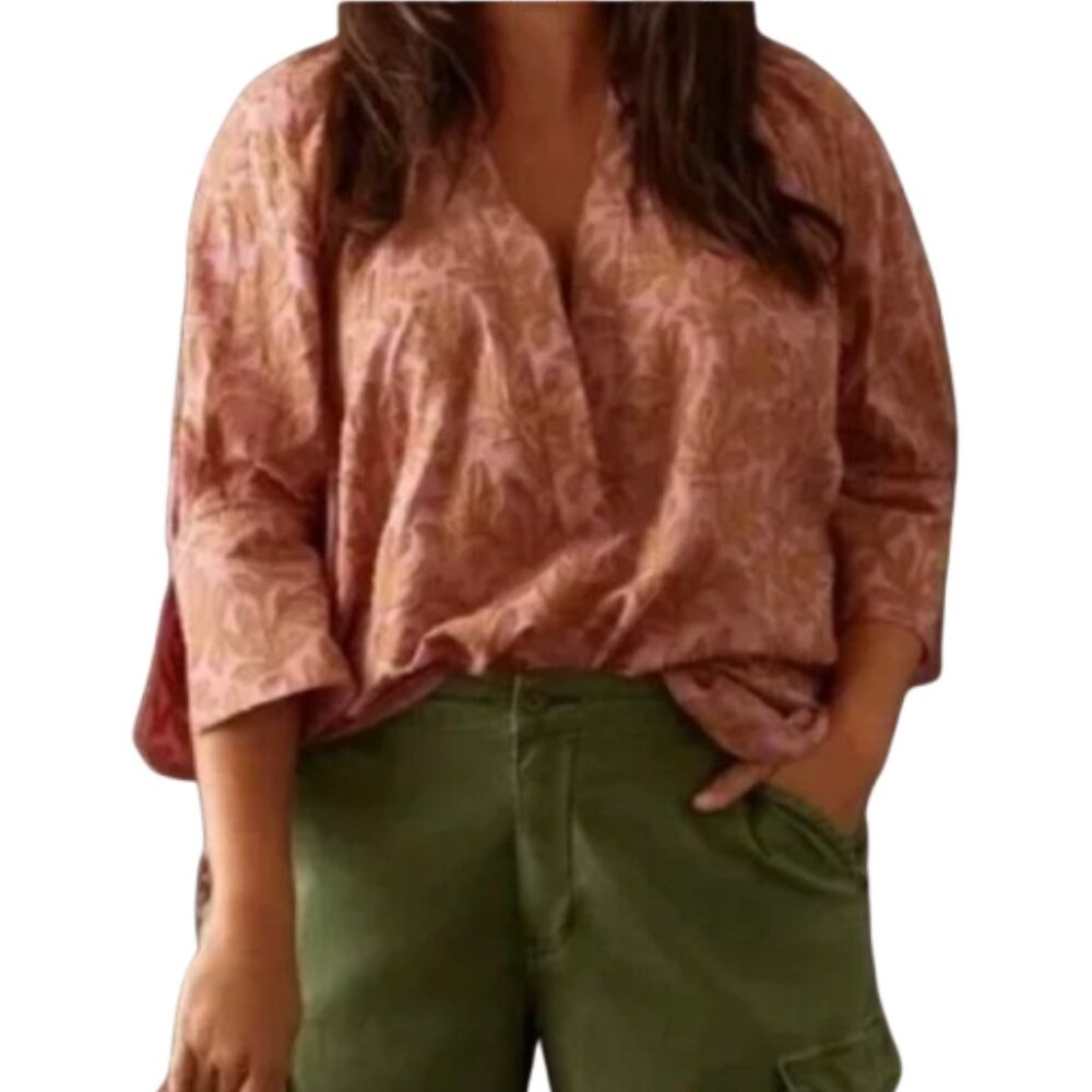 Anthropologie's Low V-Neck Top, Pink with Beige Embroidered Leaves, Boho, Small